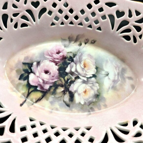Vintage Porcelain Pink Oval Dish Reticulated Edges Floral Rose Design JJ3903 - Picture 2 of 8